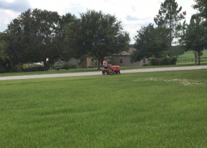 mowing with baby